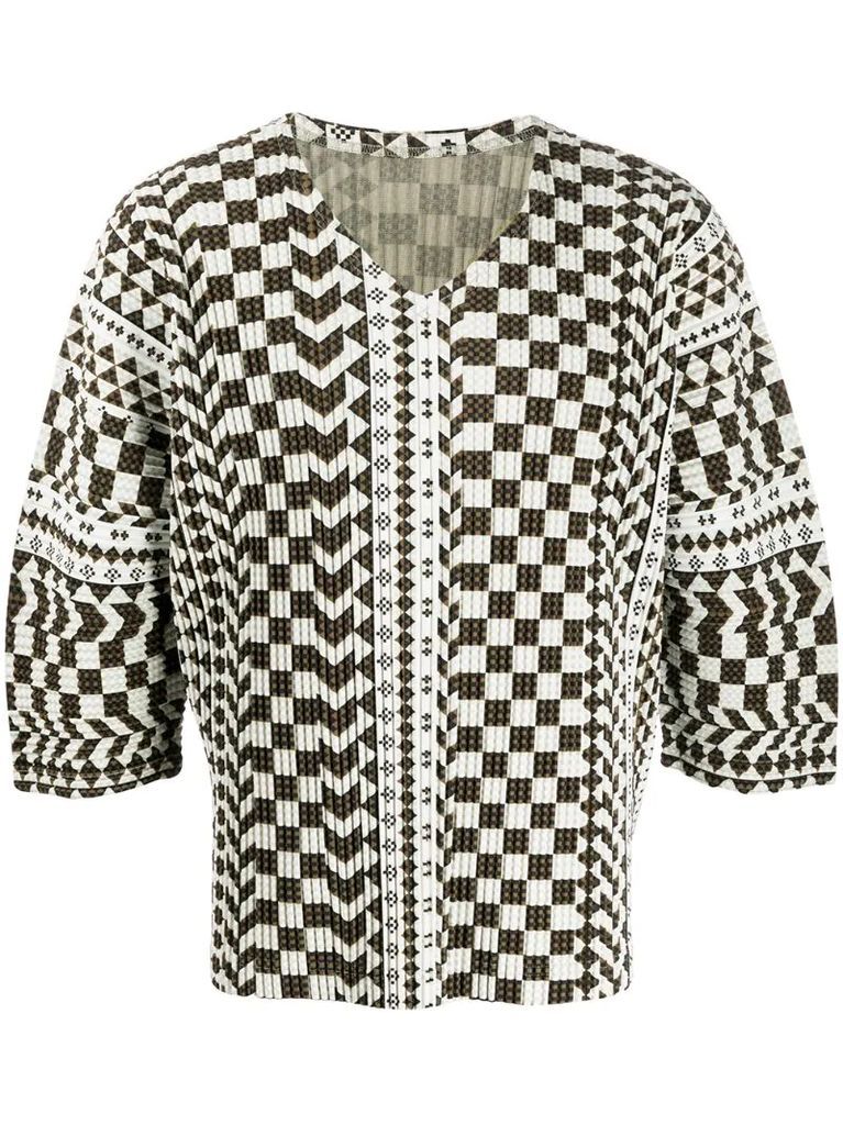 distorted checkerboard print ribbed top