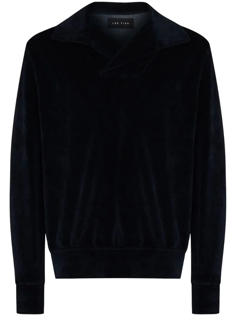 velvet-effect camp-collar sweatshirt