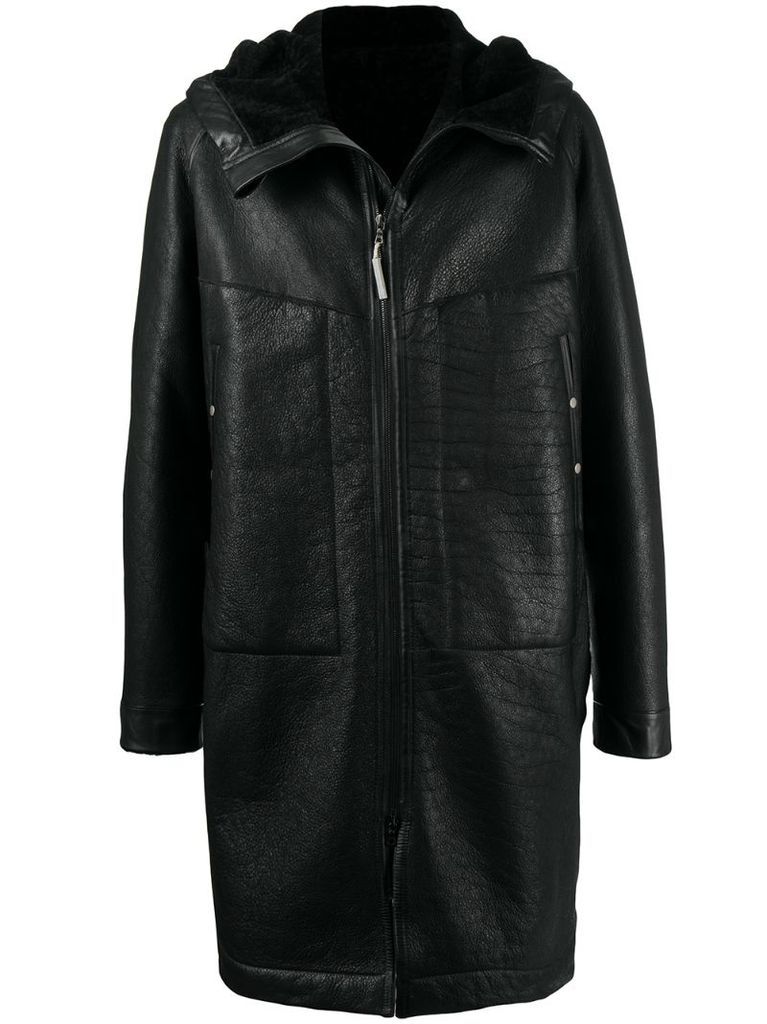 hooded pebbled-effect leather coat