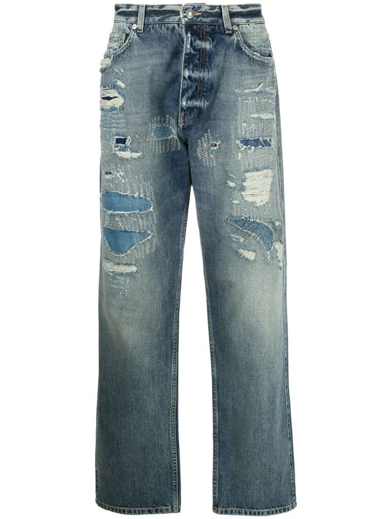 distressed stonewashed straight leg jeans