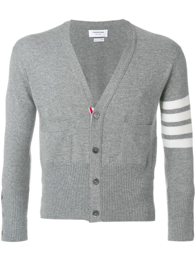 Short V-Neck Cardigan With 4-Bar Stripe In Light Grey Cashmere