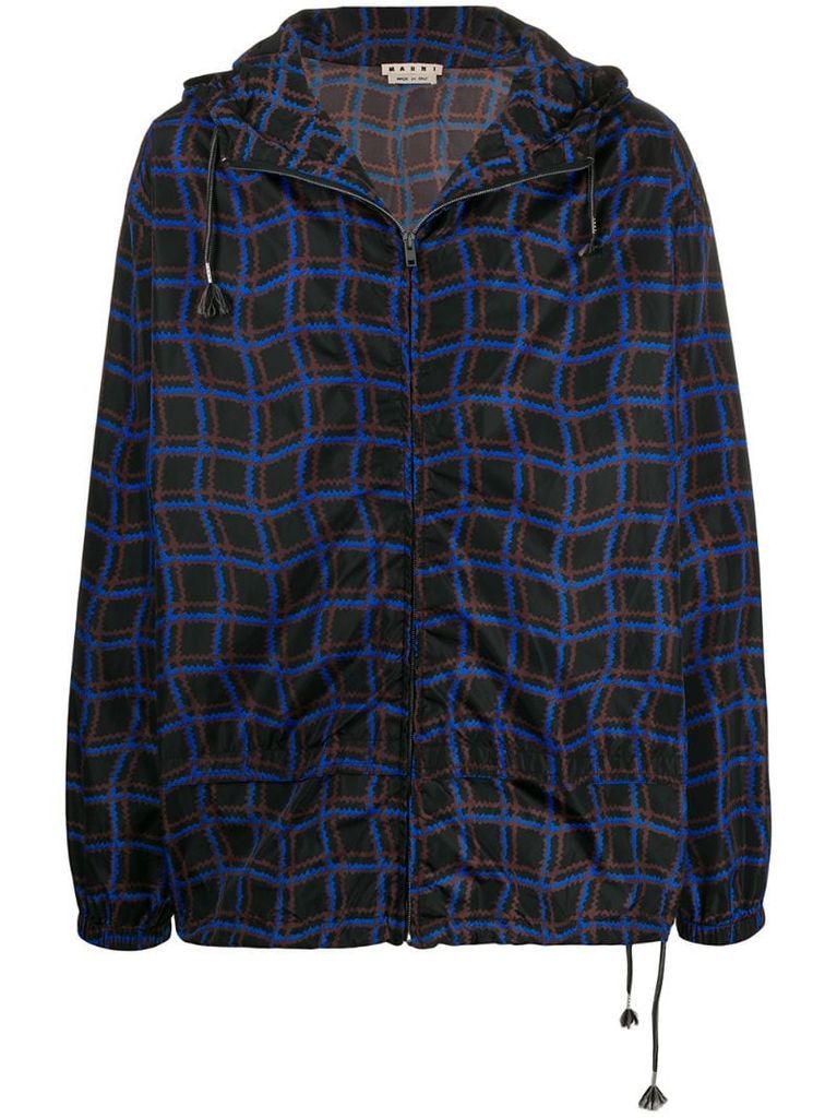 checkered zip-up hooded jacket