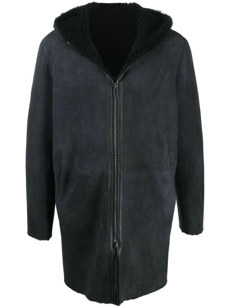hooded leather mid-length coat