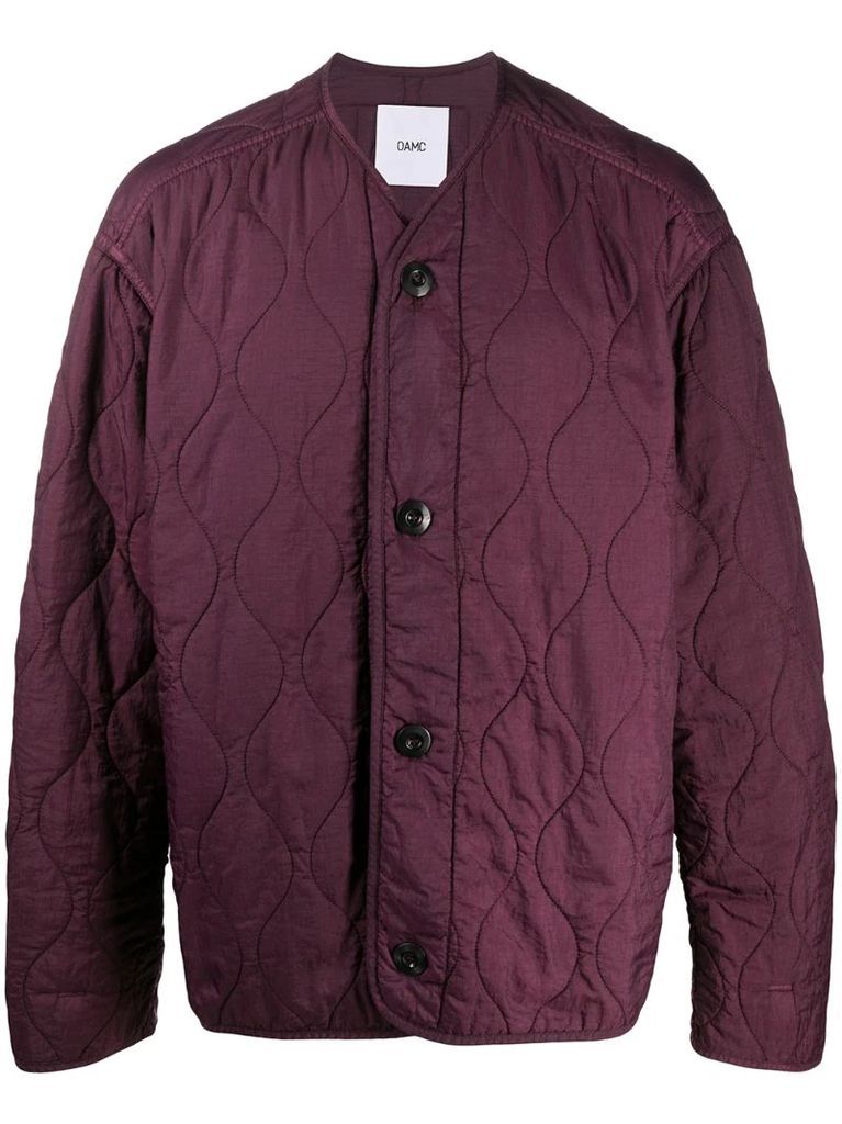 quilted collarless bomber jacket