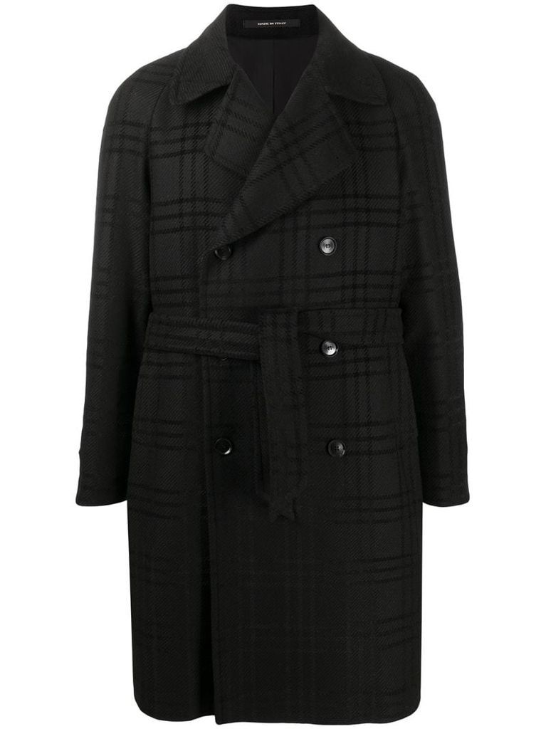 checked belted double-breasted coat