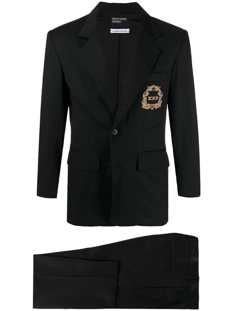 logo-embroidered single-breasted suit