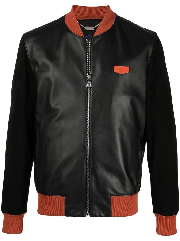 two-tone leather bomber jacket