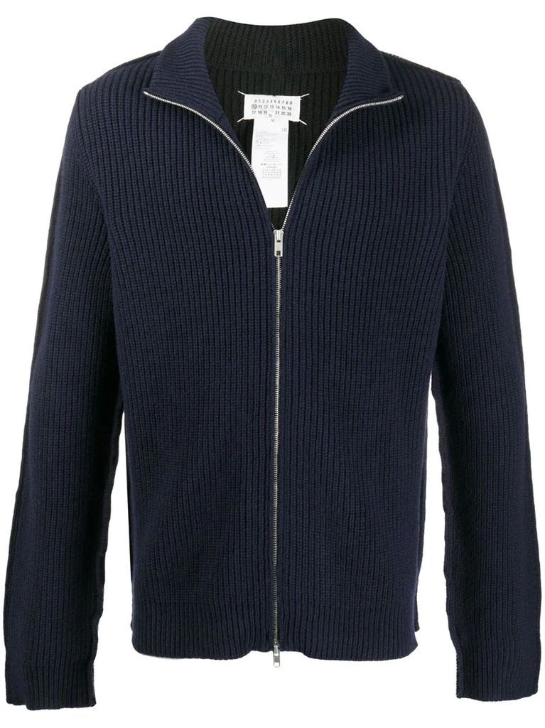 ribbed zip-up two-tone cardigan