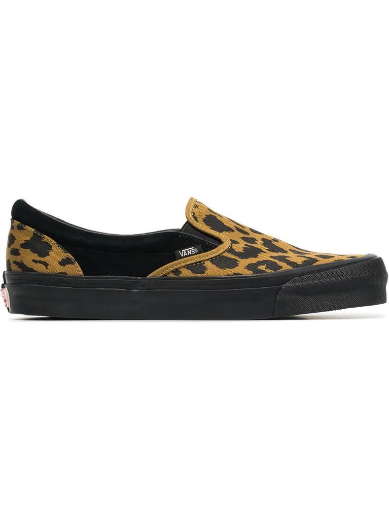 black and yellow vault UA OG leopard print slip on sneakers