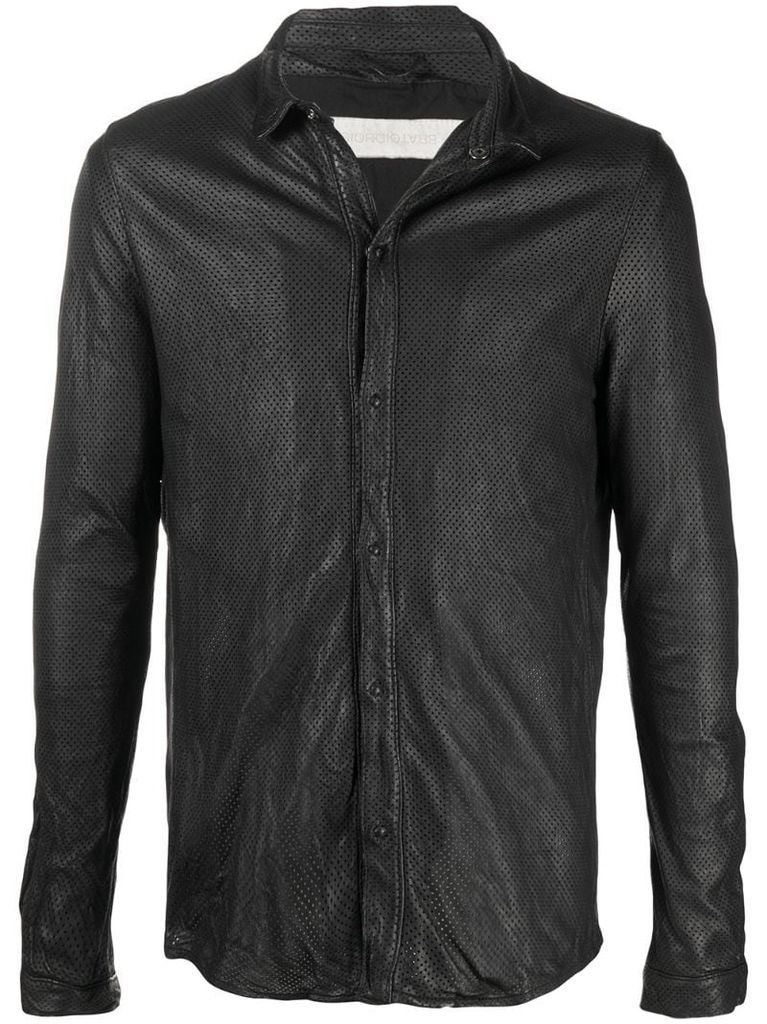 perforated-detail leather shirt jacket