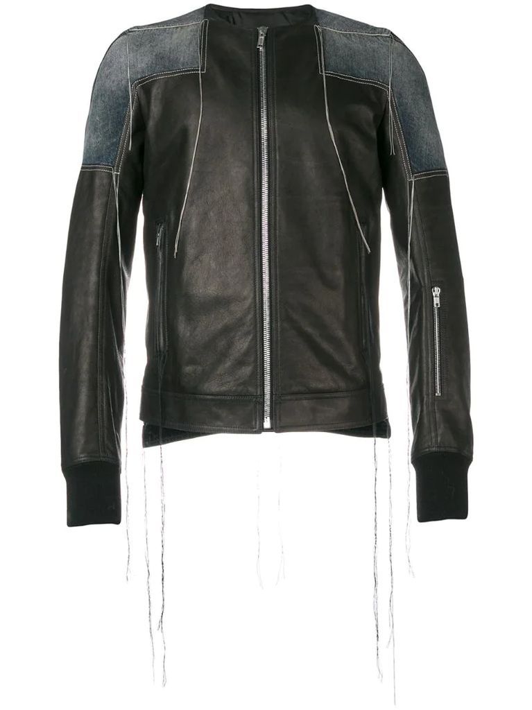 patchwork collarless leather jacket