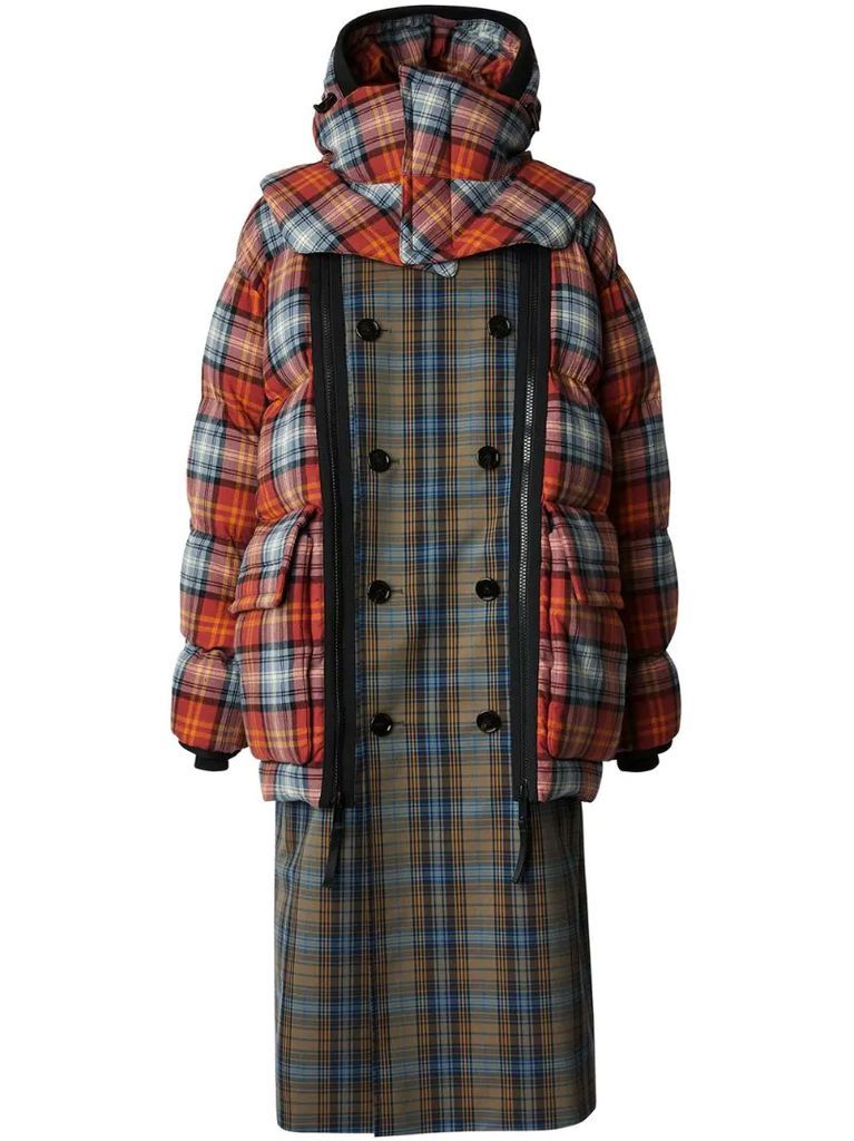 detachable puffer check trench coat