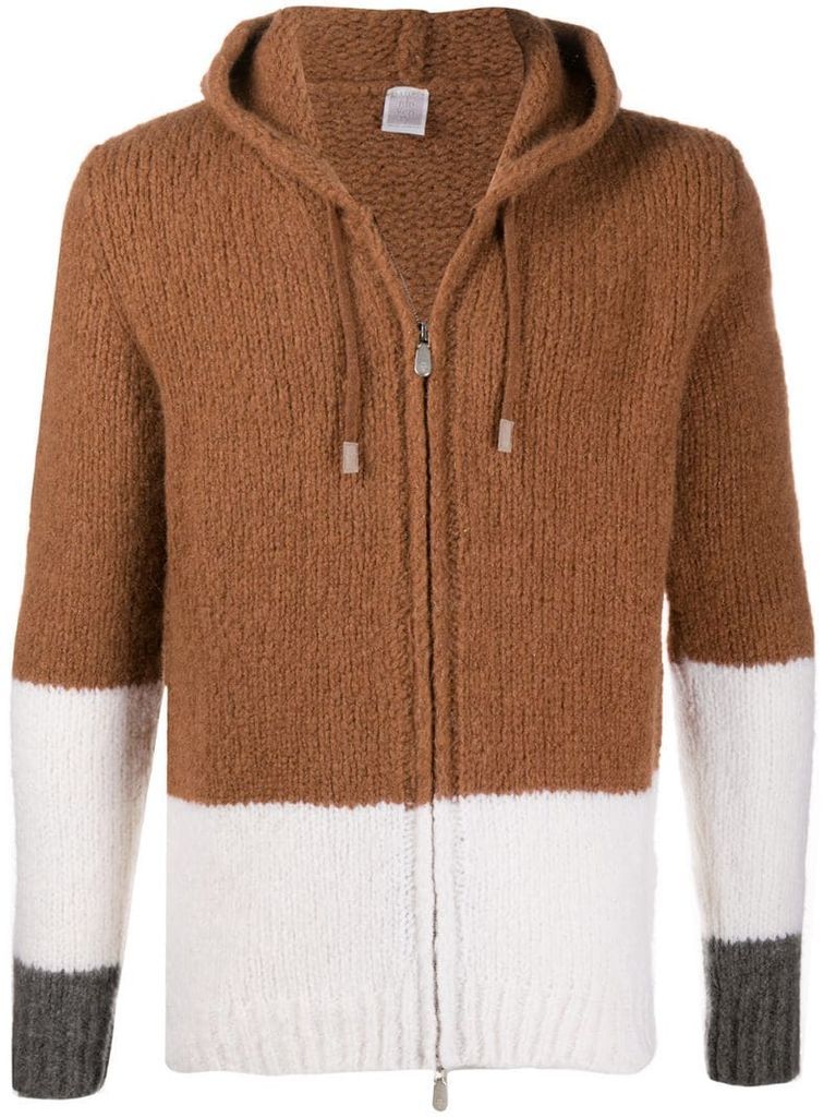colour-block zip-through hooded sweater
