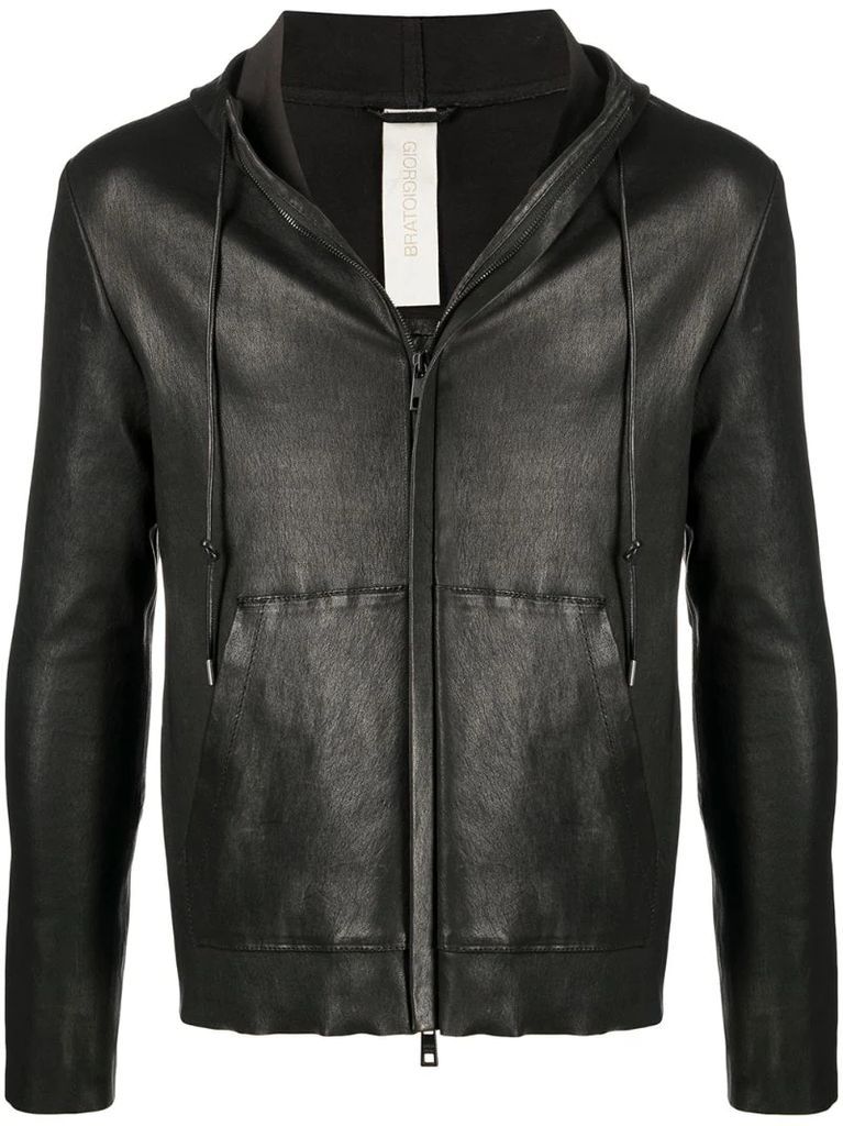 hooded zip-up leather jacket