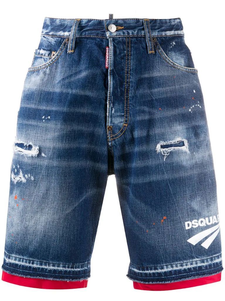 zip-trim distressed denim shorts