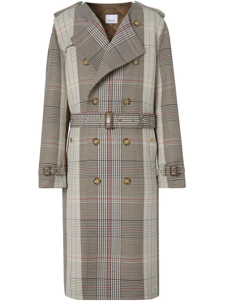 quilted-panel check trench coat