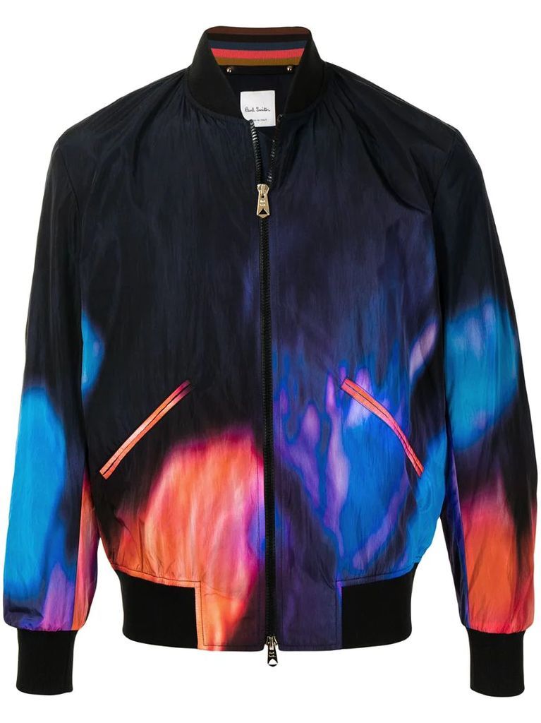 abstract fire print bomber jacket