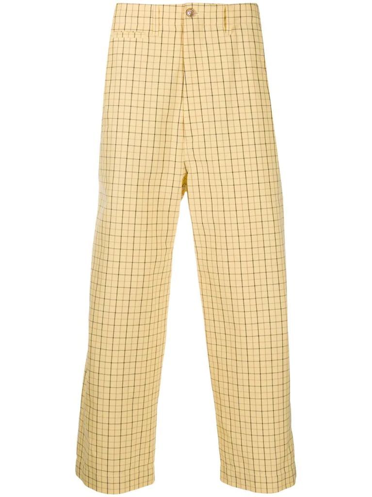 cat-embroidered checked trousers