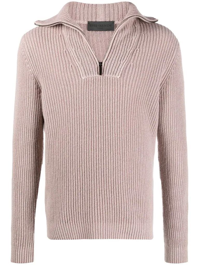 cashmere ribbed knit jumper with short zip