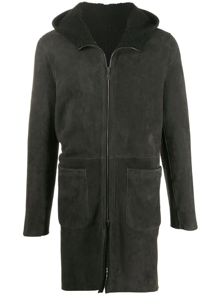 suede-effect hooded coat