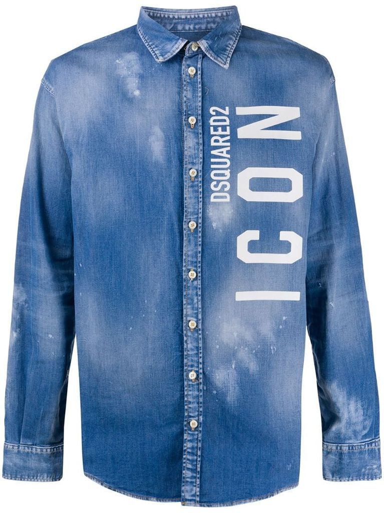 Icon-print splatter-print denim shirt