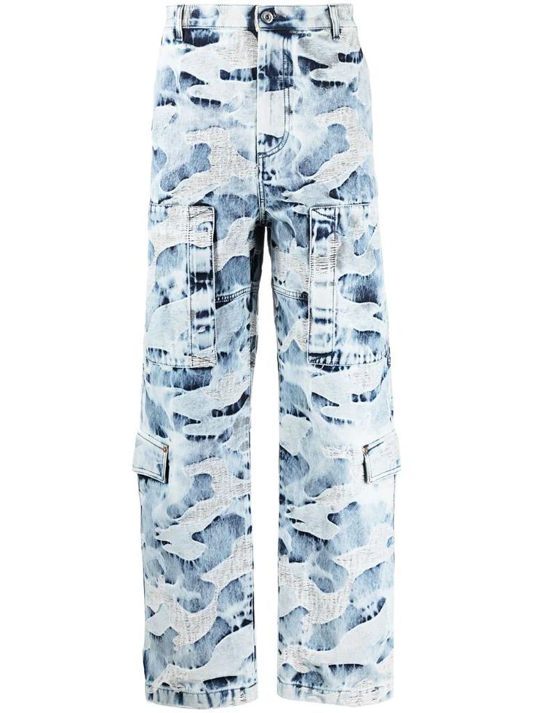 camouflage-pattern distressed jeans