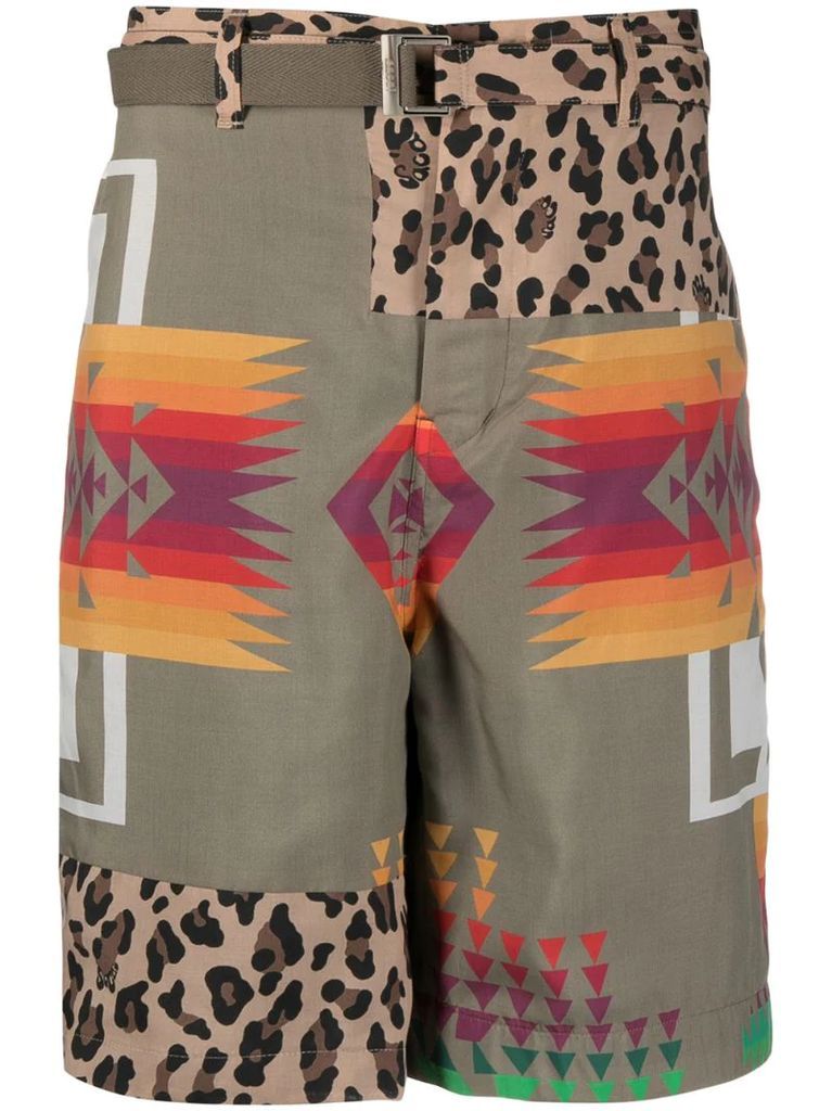 mix-print belted shorts