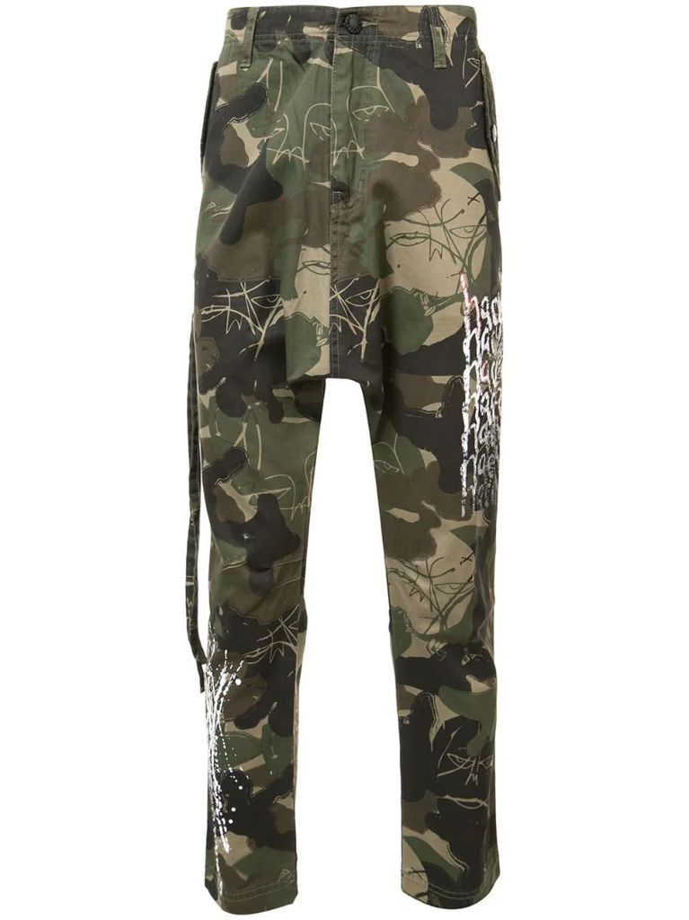 camouflage print trousers