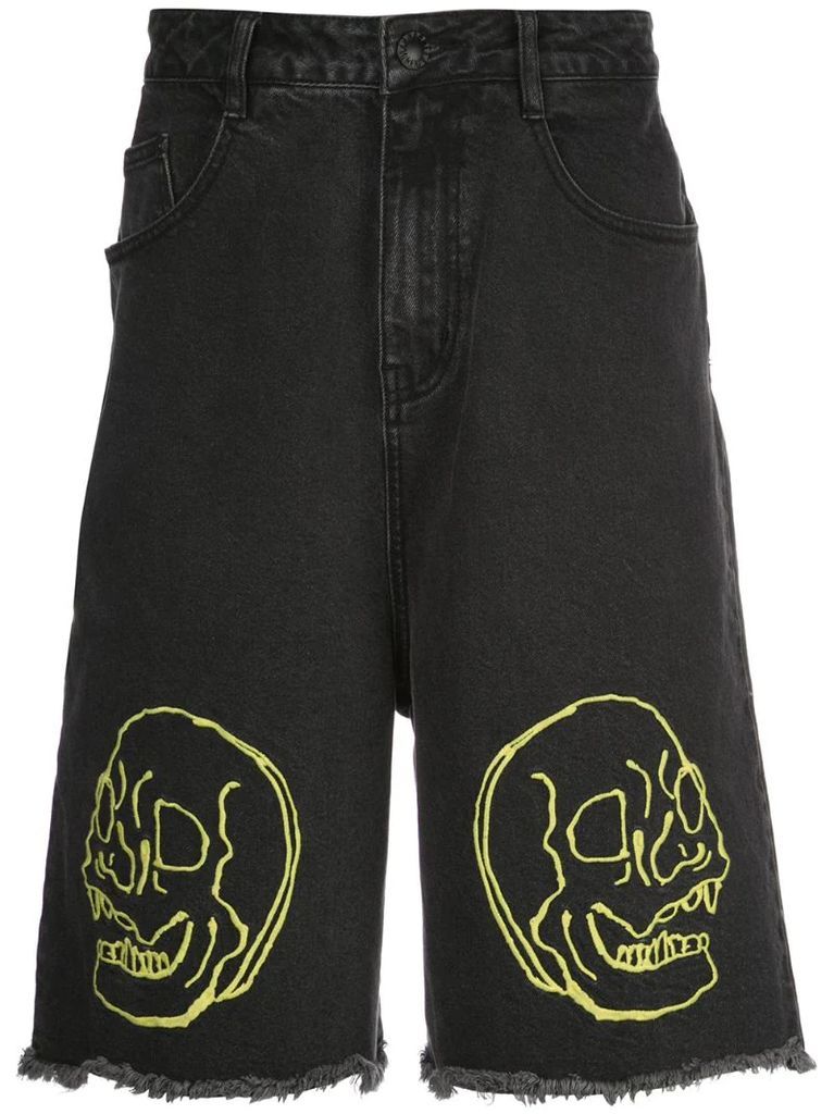skull print denim shorts