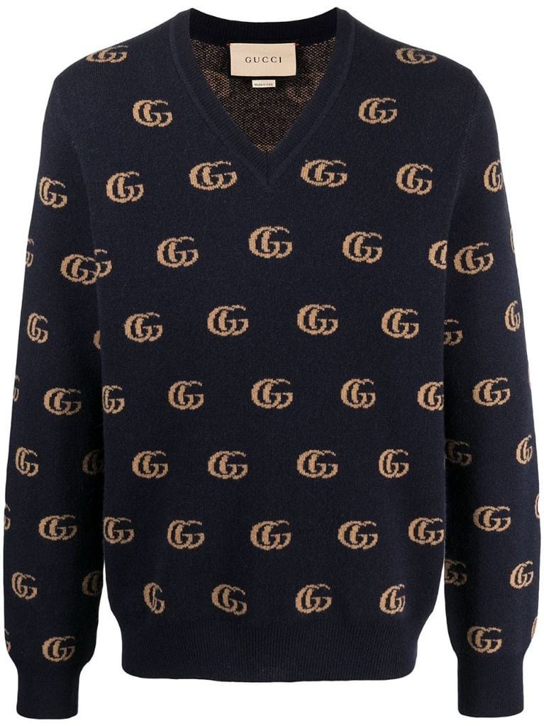 Double G jacquard wool V-neck jumper