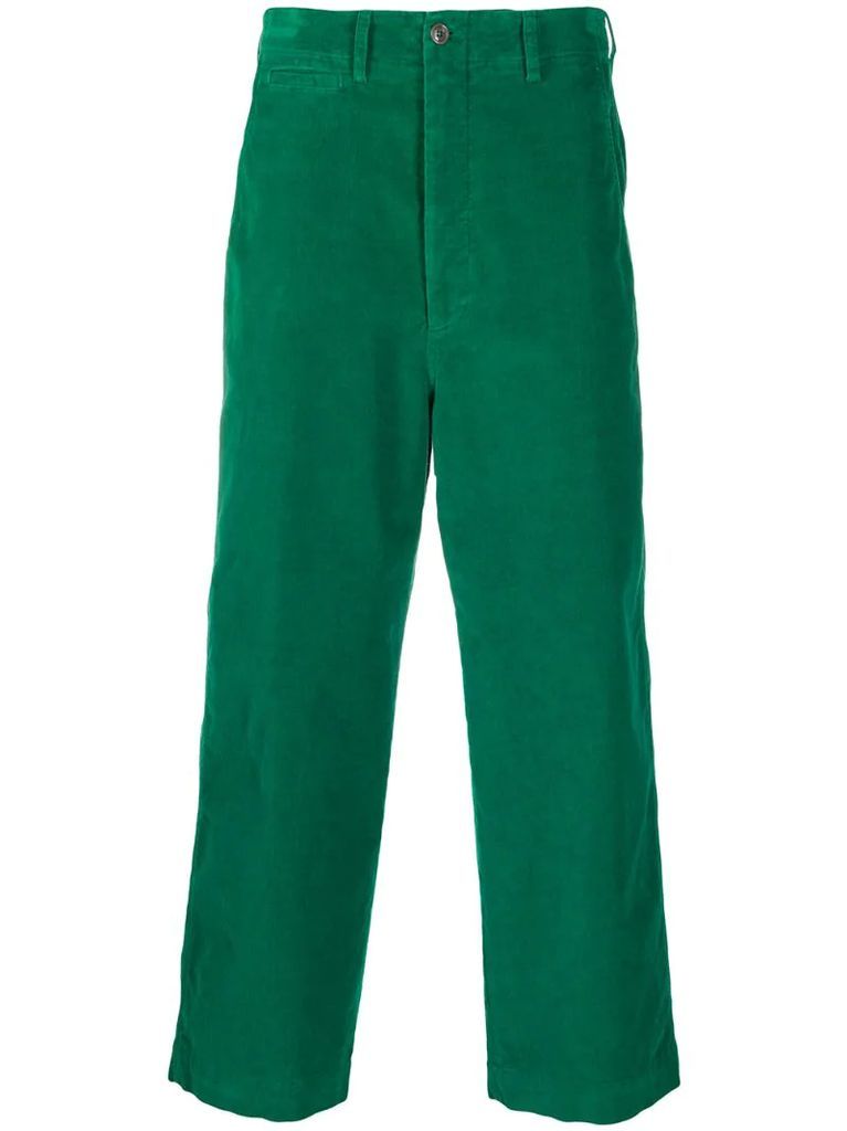 cat-embroidered wide-leg trousers