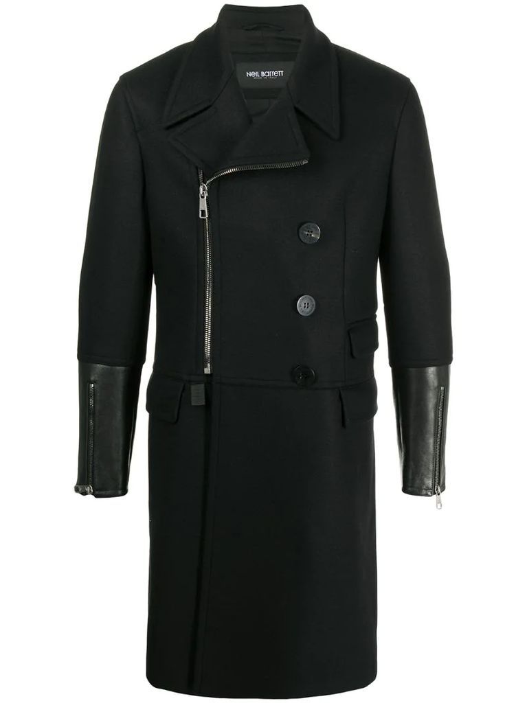 tailored coat with long leather cuffs