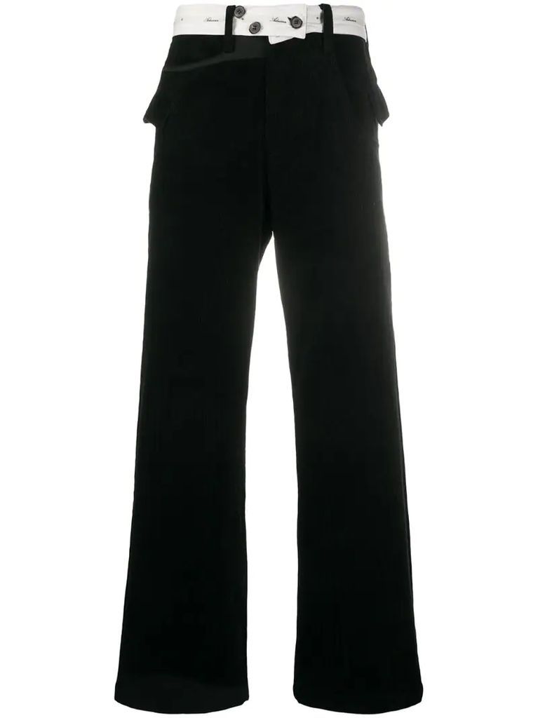 wide leg corduroy trousers with belt button detail