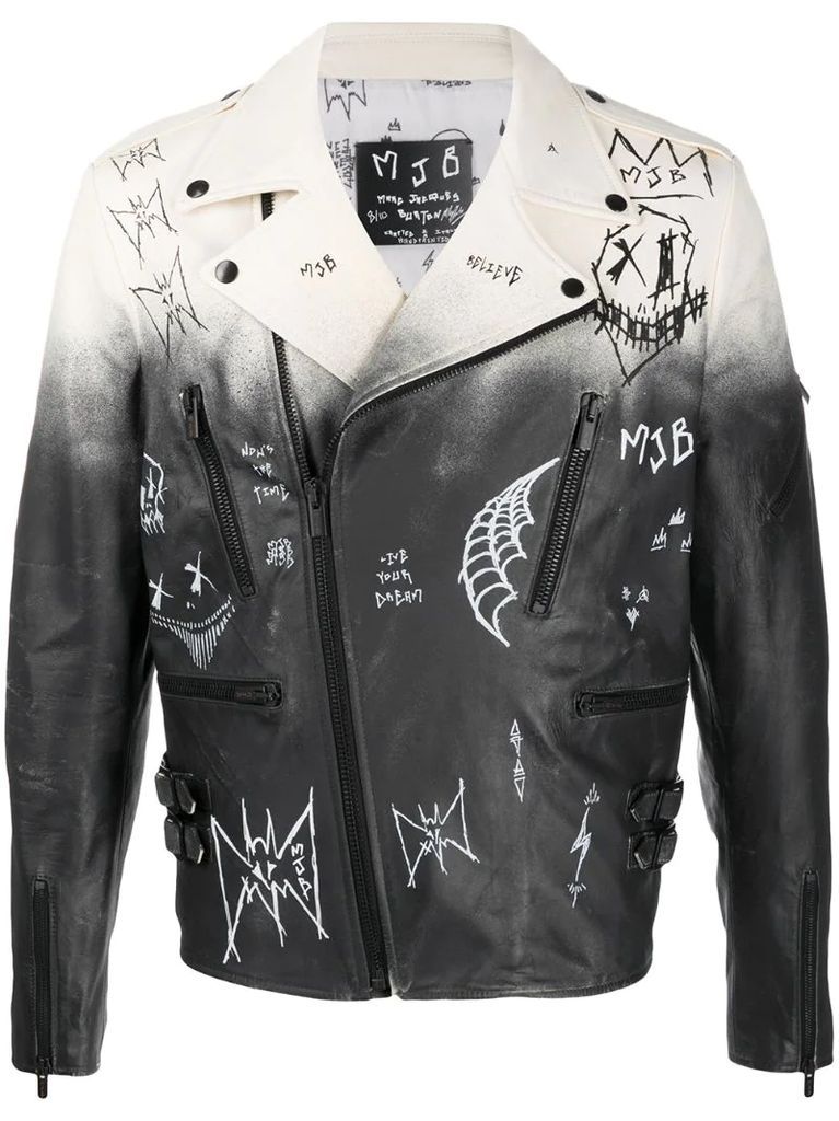 ombre graffiti detail leather biker jacket