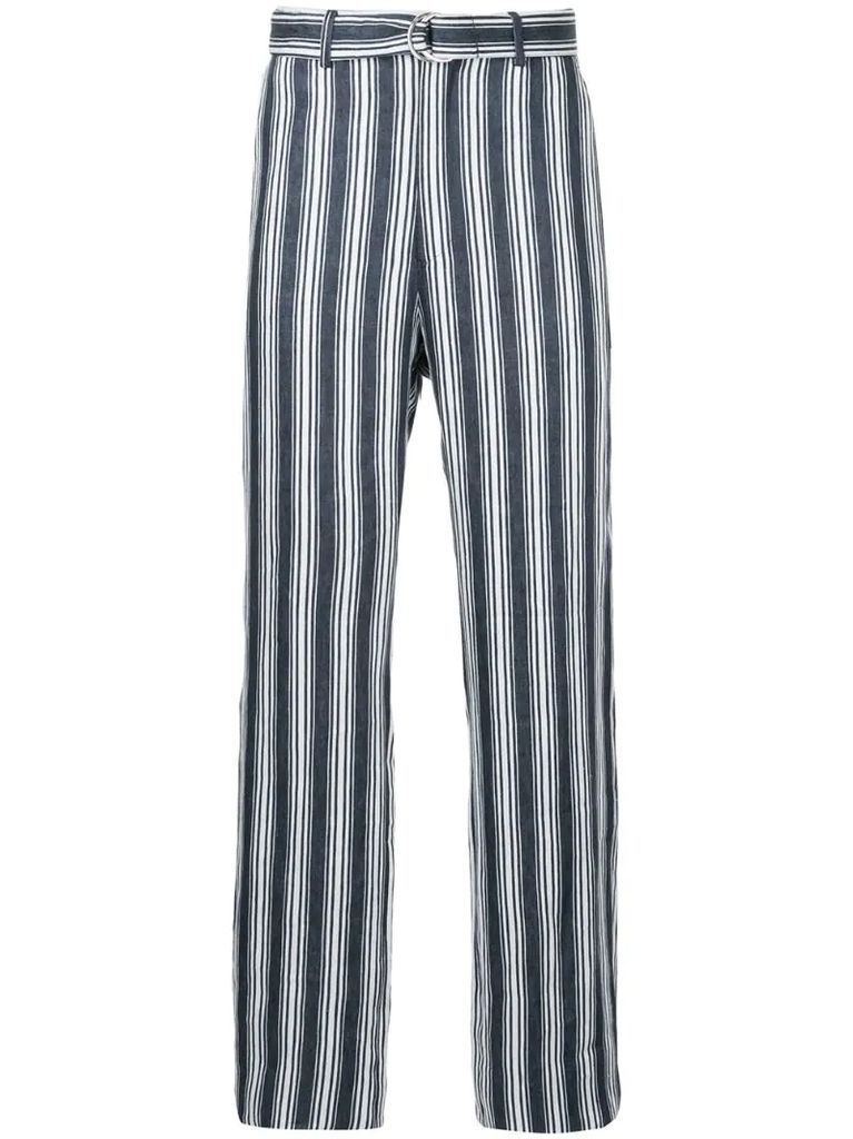 striped D-ring belted trousers