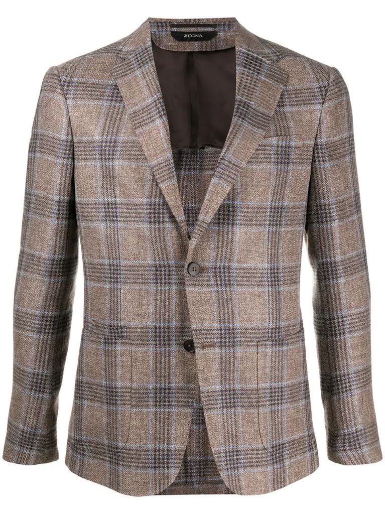 checked singe breasted linen blend suit jacket