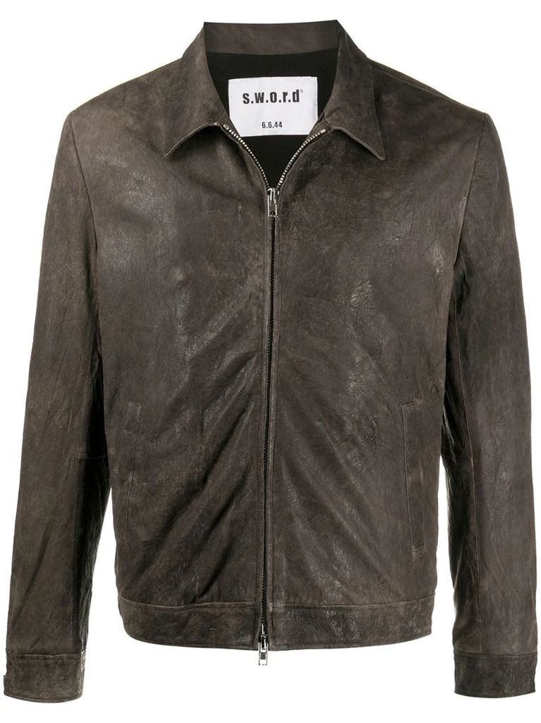 zip-up varnished leather jacket