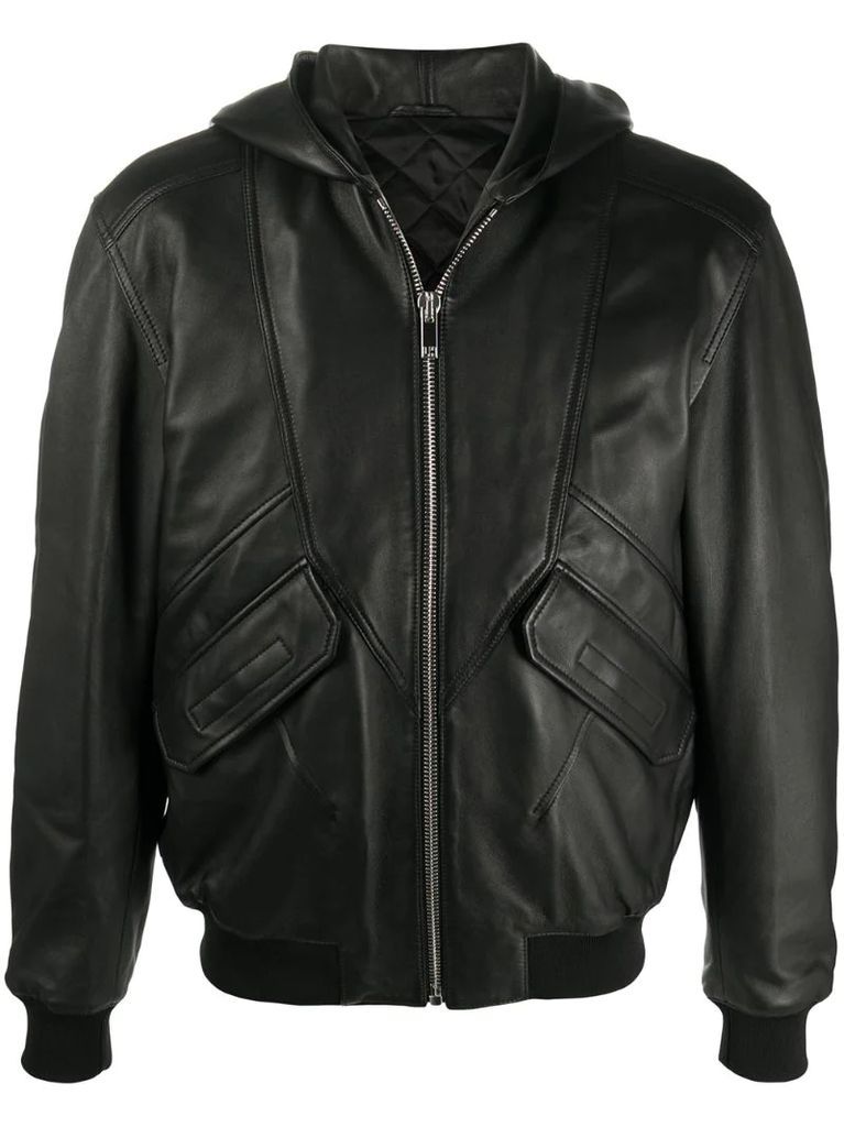 hooded zip-up leather jacket