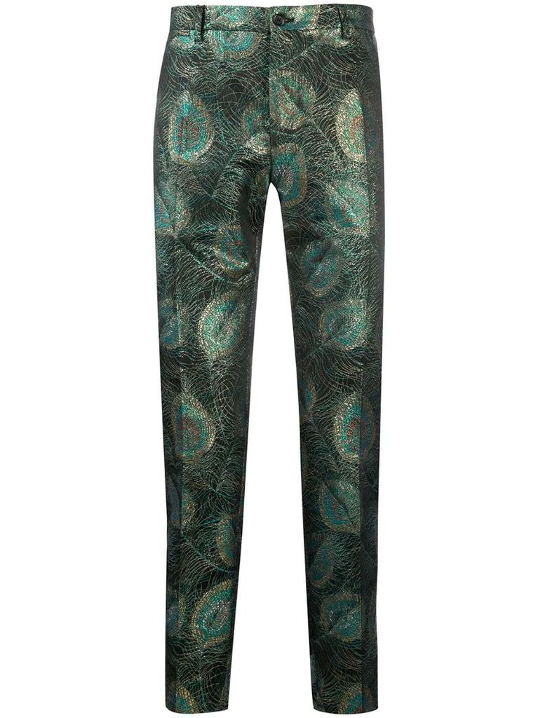 metallic peacock print tailored trousers