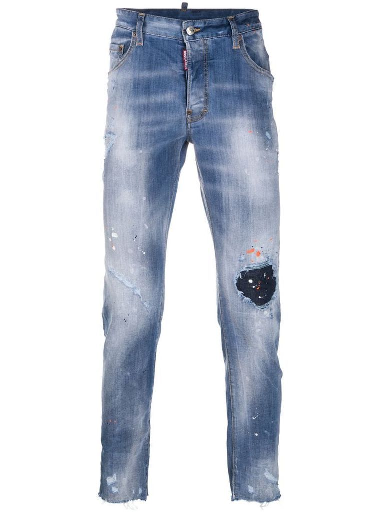 splash print distressed jeans