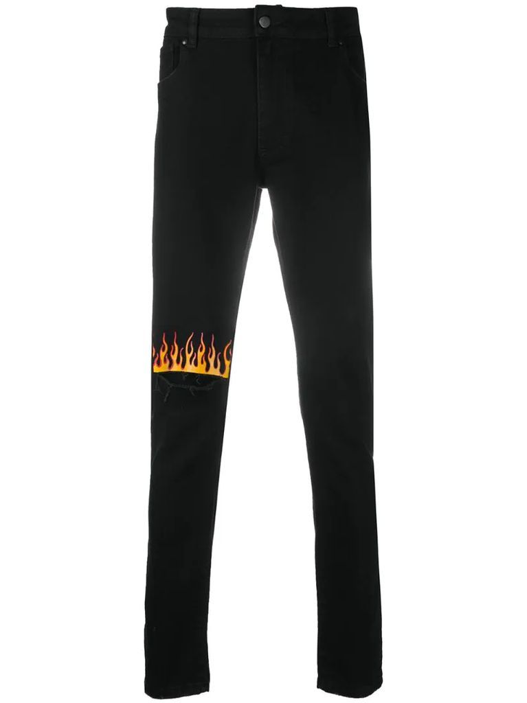 slim-fit flame patch jeans