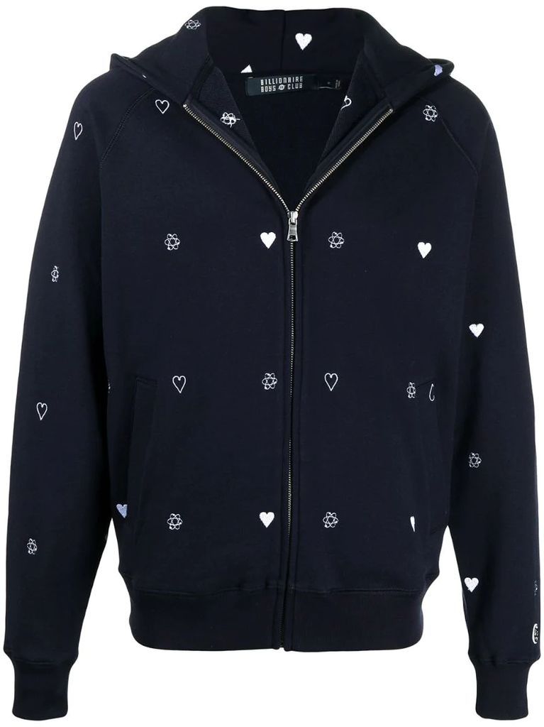 embroidered heart zip-up hoodie
