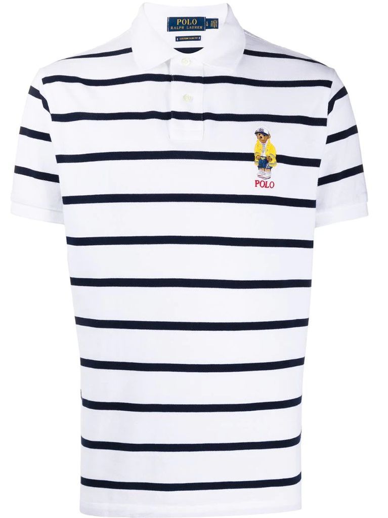bear-appliqué striped polo shirt