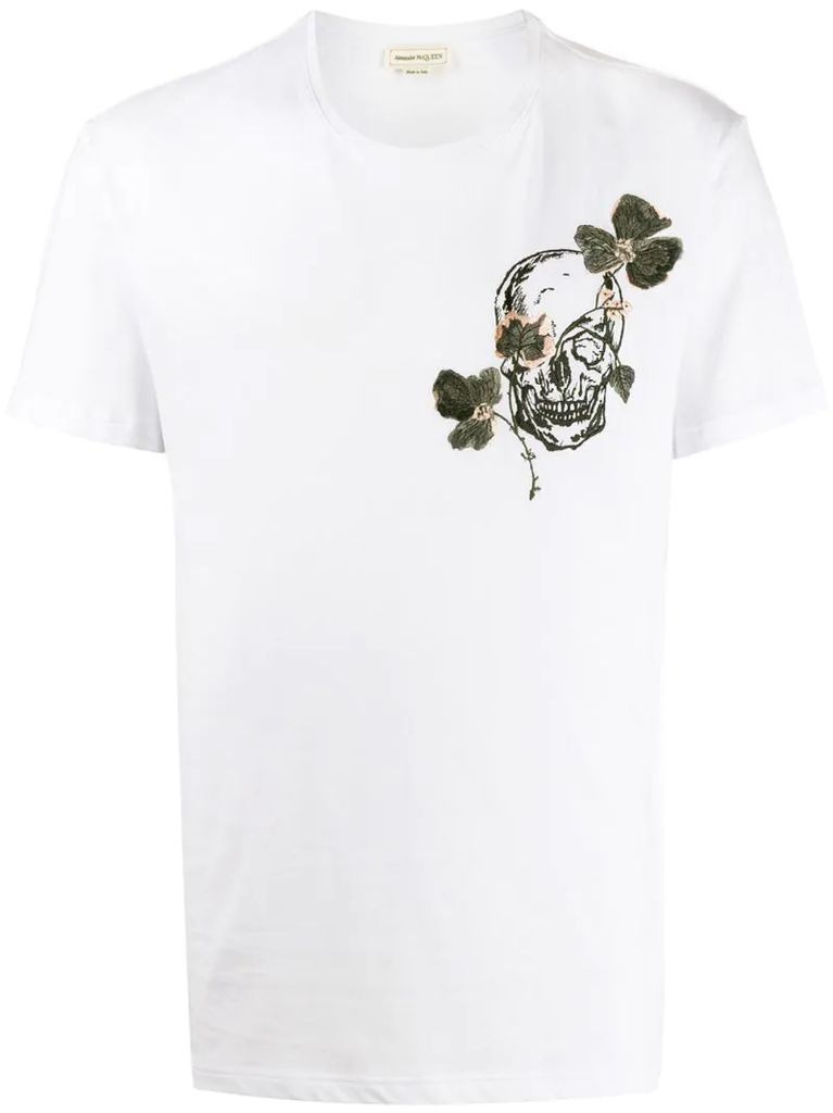 embroidered skull and flower t-shirt