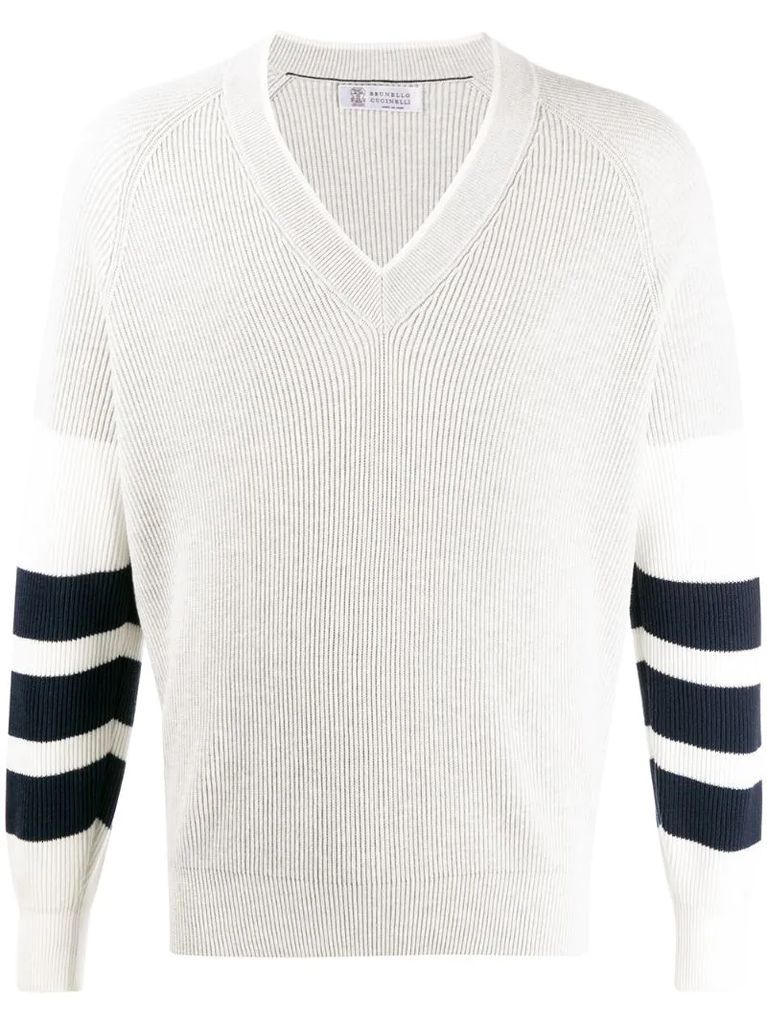 striped-sleeves V-neck jumper