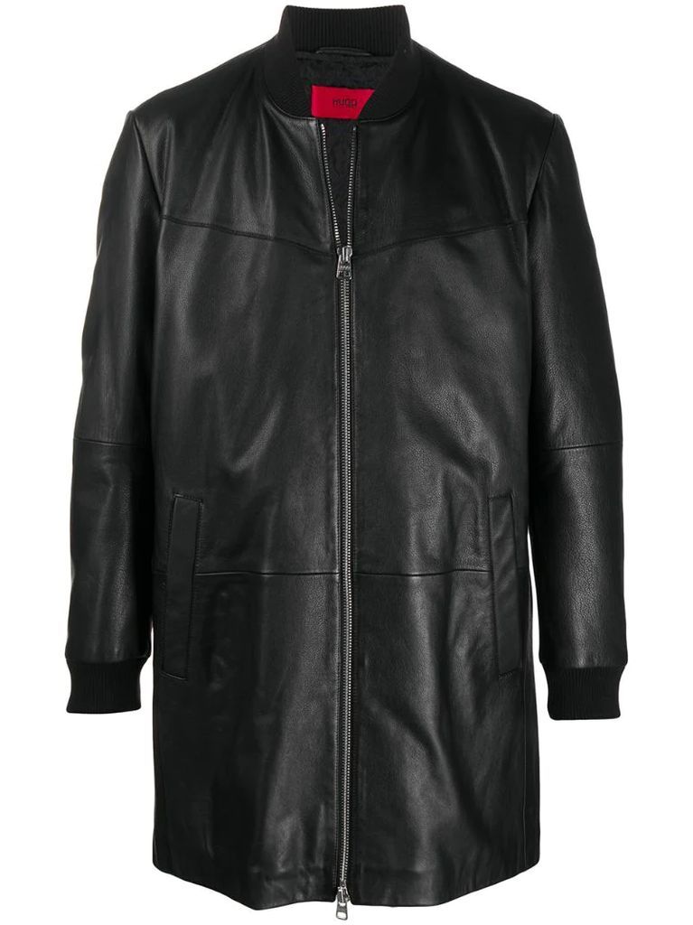 long-length zip-up leather jacket