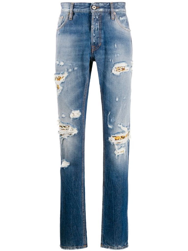 straight leg distressed effect jeans