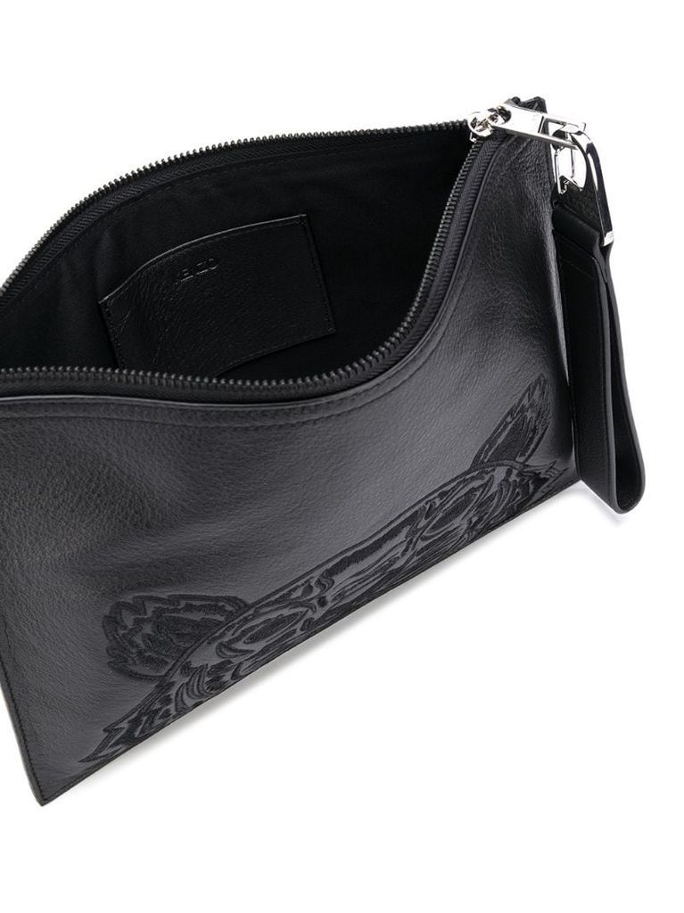tiger embroidered leather clutch