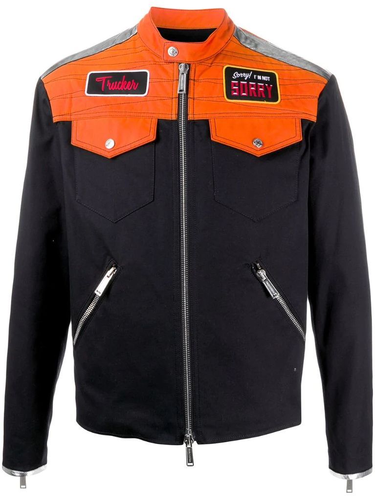 badge-appliqué biker jacket