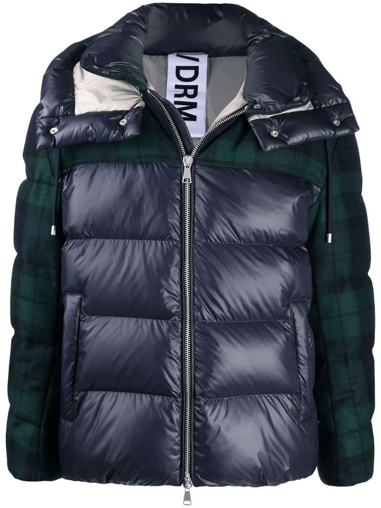 plaid panelled puffer jacket